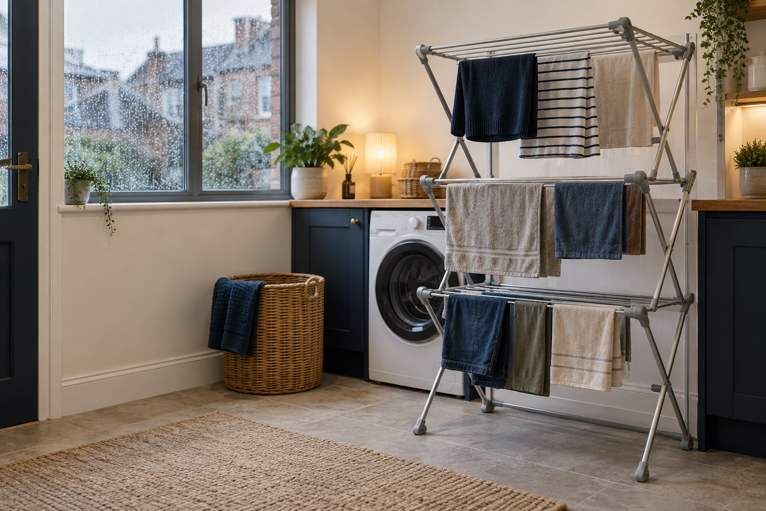 Heated clothes airer in a UK utility room